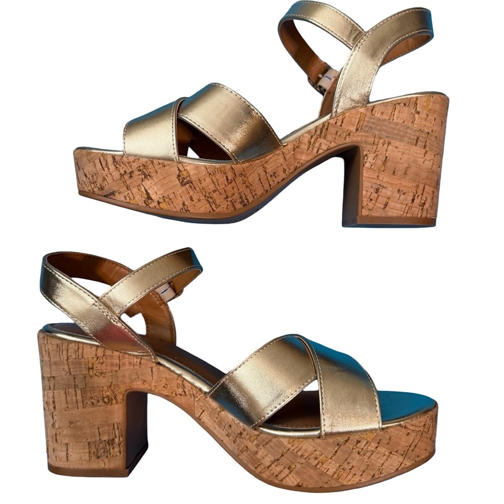 Kensie Carsyn Gold Platform Cork Block Heel Sandals Women’s 8.5 new chunky heel